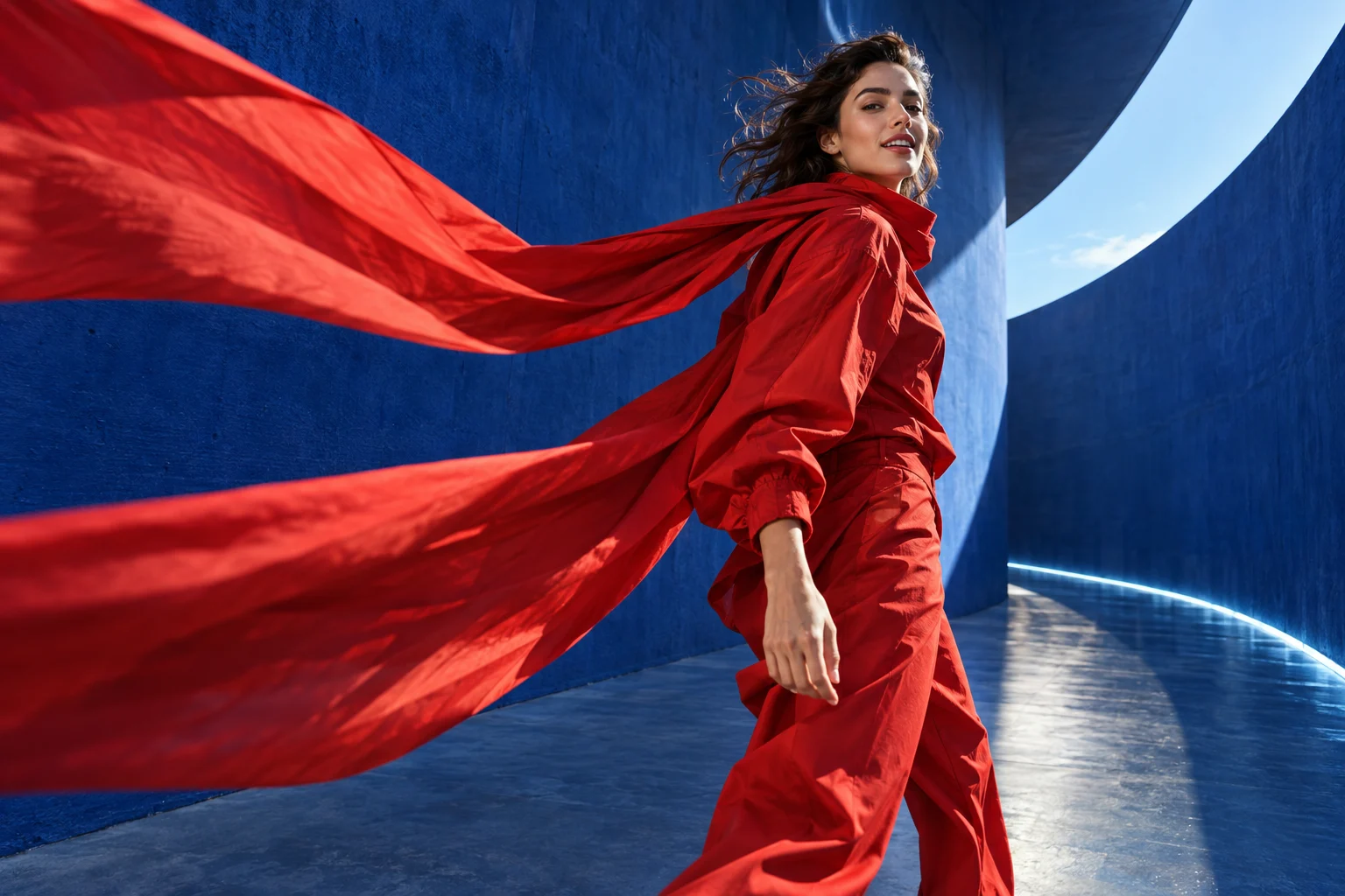 Original campaign concept: adult model in flowing red fabric against sculptural cobalt architecture