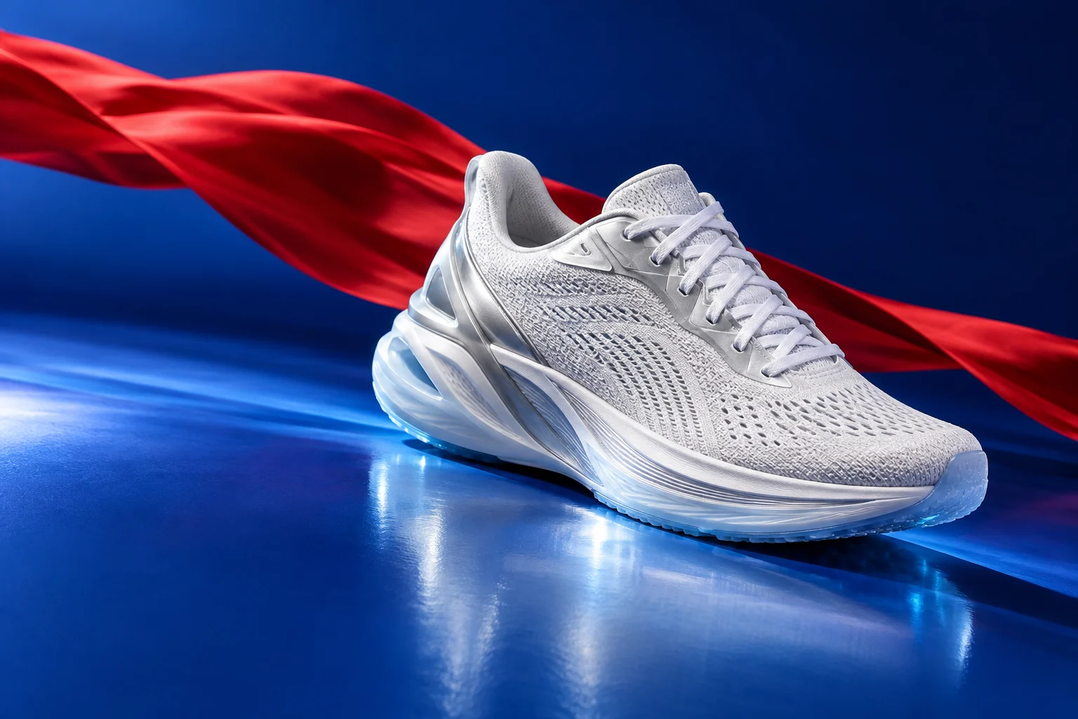 Original product concept: white technical running shoe against cobalt light and a red fabric ribbon